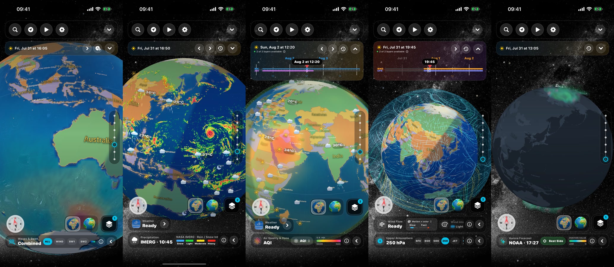 Five Global Weather 3D iPhone views showing waves, precipitation, air quality, upper atmosphere, and aurora