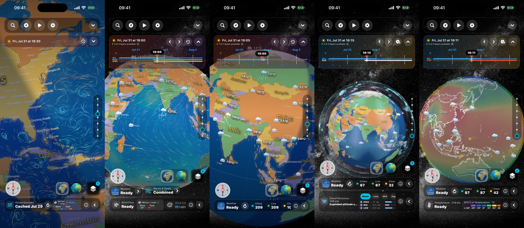 Five Global Weather 3D iPhone views showing weather, wind, ocean currents, clouds, and temperature